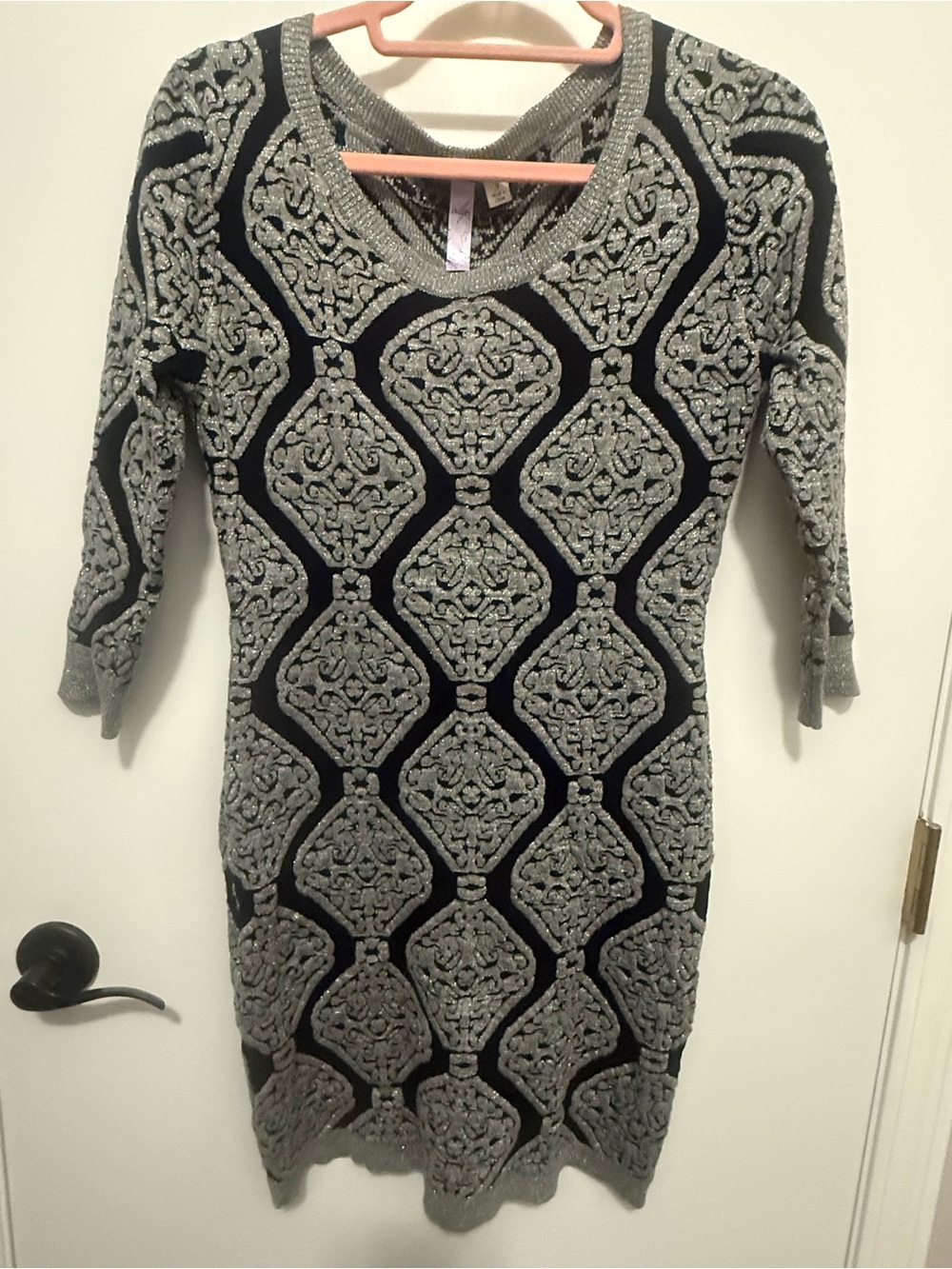 Alya Black and Silver Gray 3/4 Sleeve Patterned Knit Dress w/ Metallic Threading